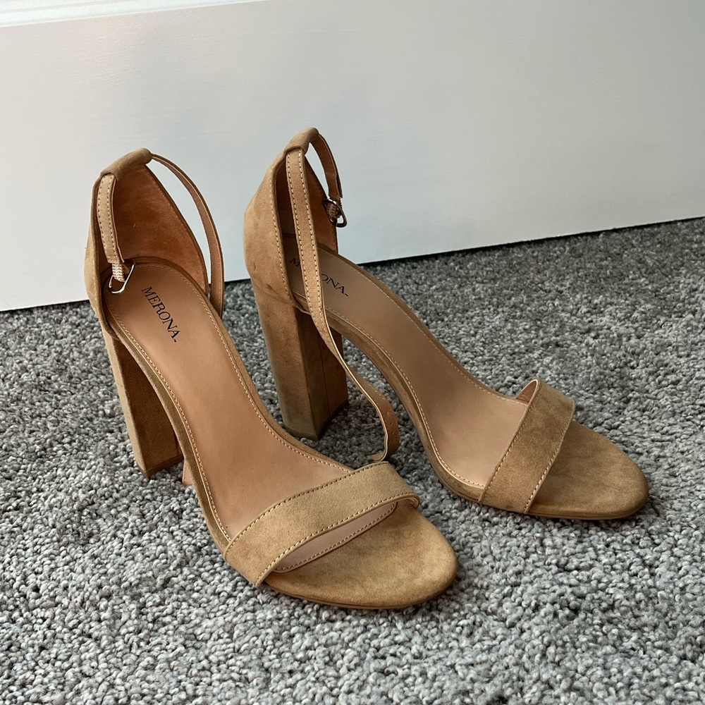Tan suede squared heels from Target brand Merona size 10 ten - worn a handful